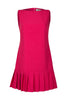 This mini fuchsia dress has a flattering A-line shape with a boat neck and an elegant pleated hem.
