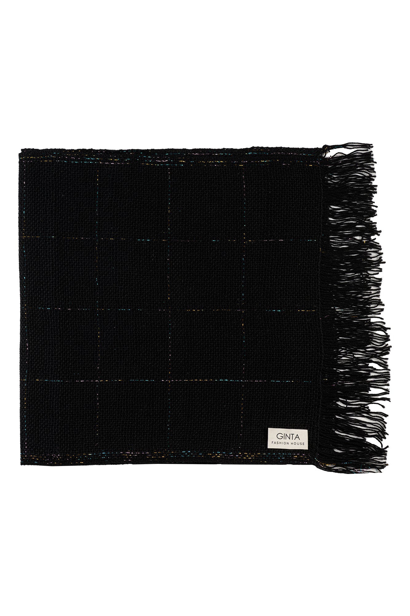 Fringed Black Scarf With Windowpane Checks