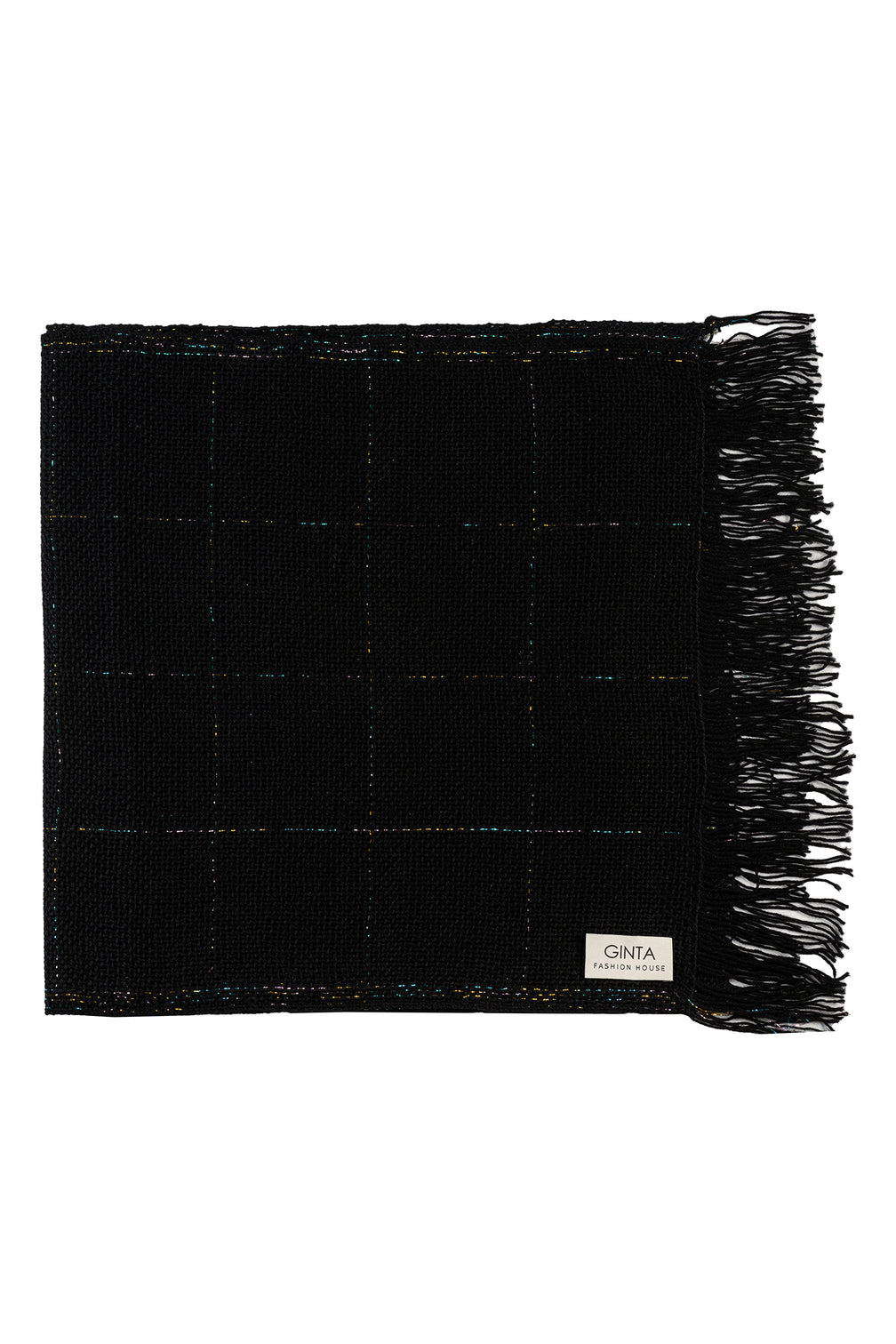 Fringed Black Scarf With Windowpane Checks