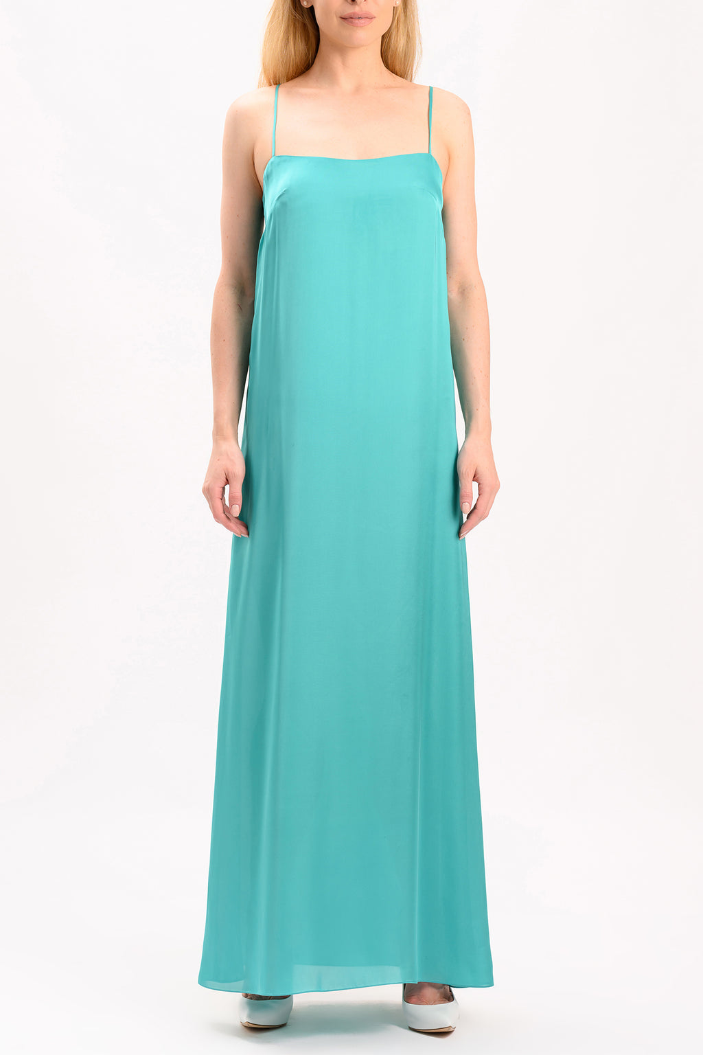 Turquoise Silk Satin Maxi Dress with thin straps.