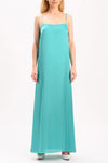 Turquoise Silk Satin Maxi Dress with thin straps.