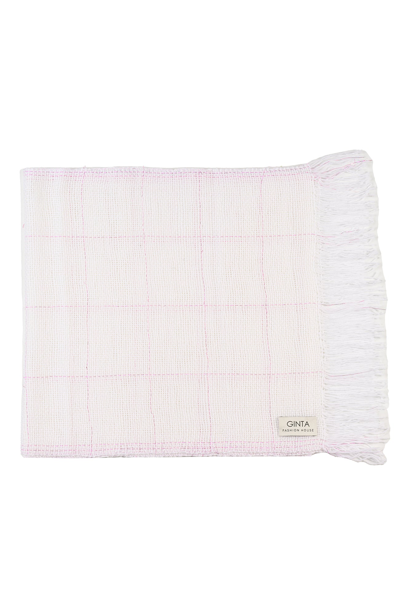 Women’s White Windowpane Check Scarf With Fringes