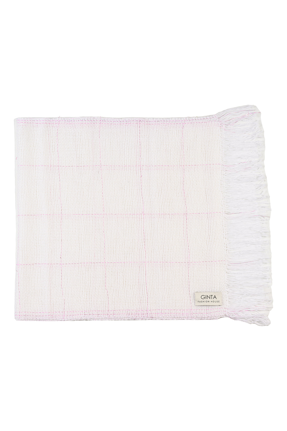 Women’s White Windowpane Check Scarf With Fringes
