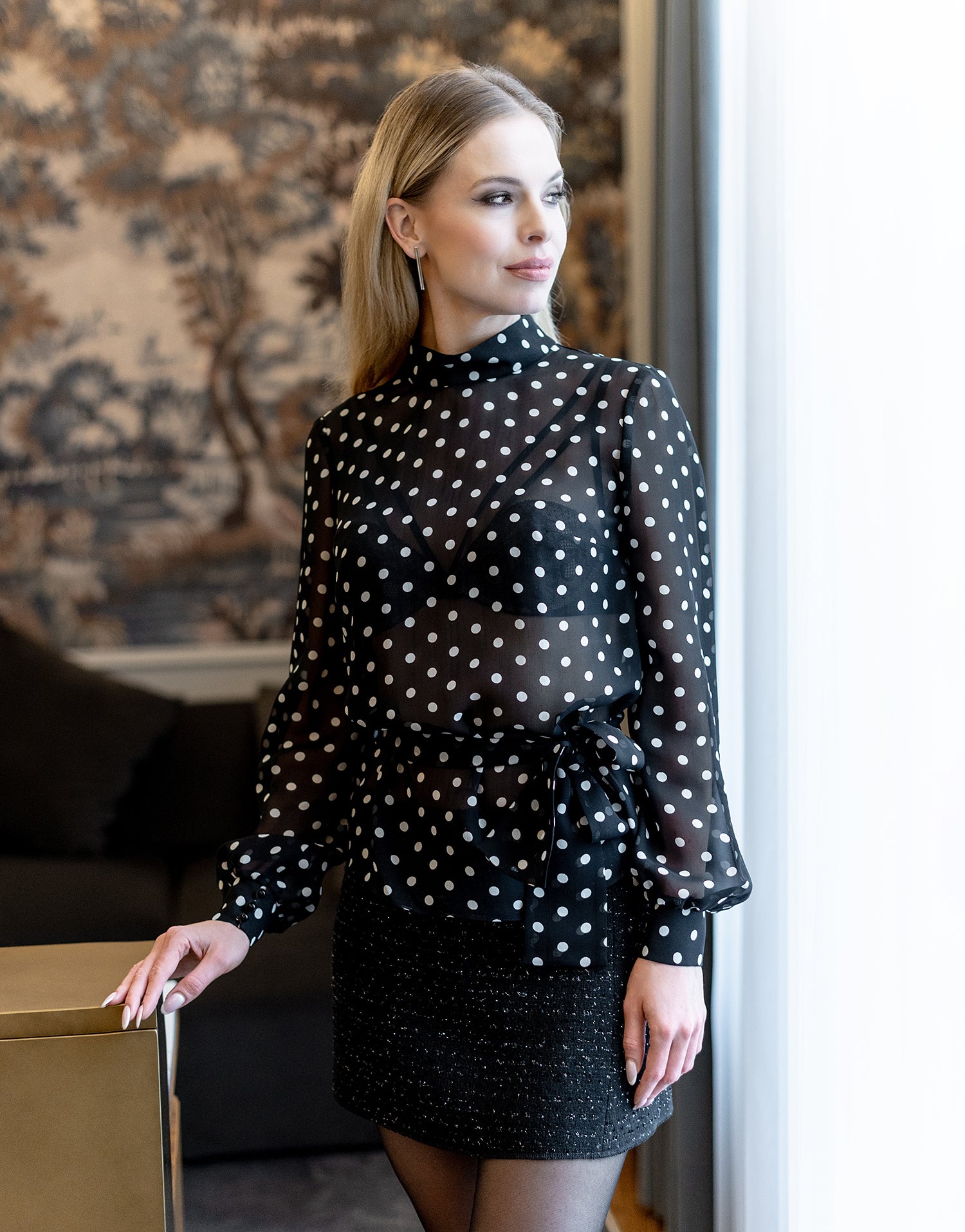 Pussy-bow polka dot silk blouse