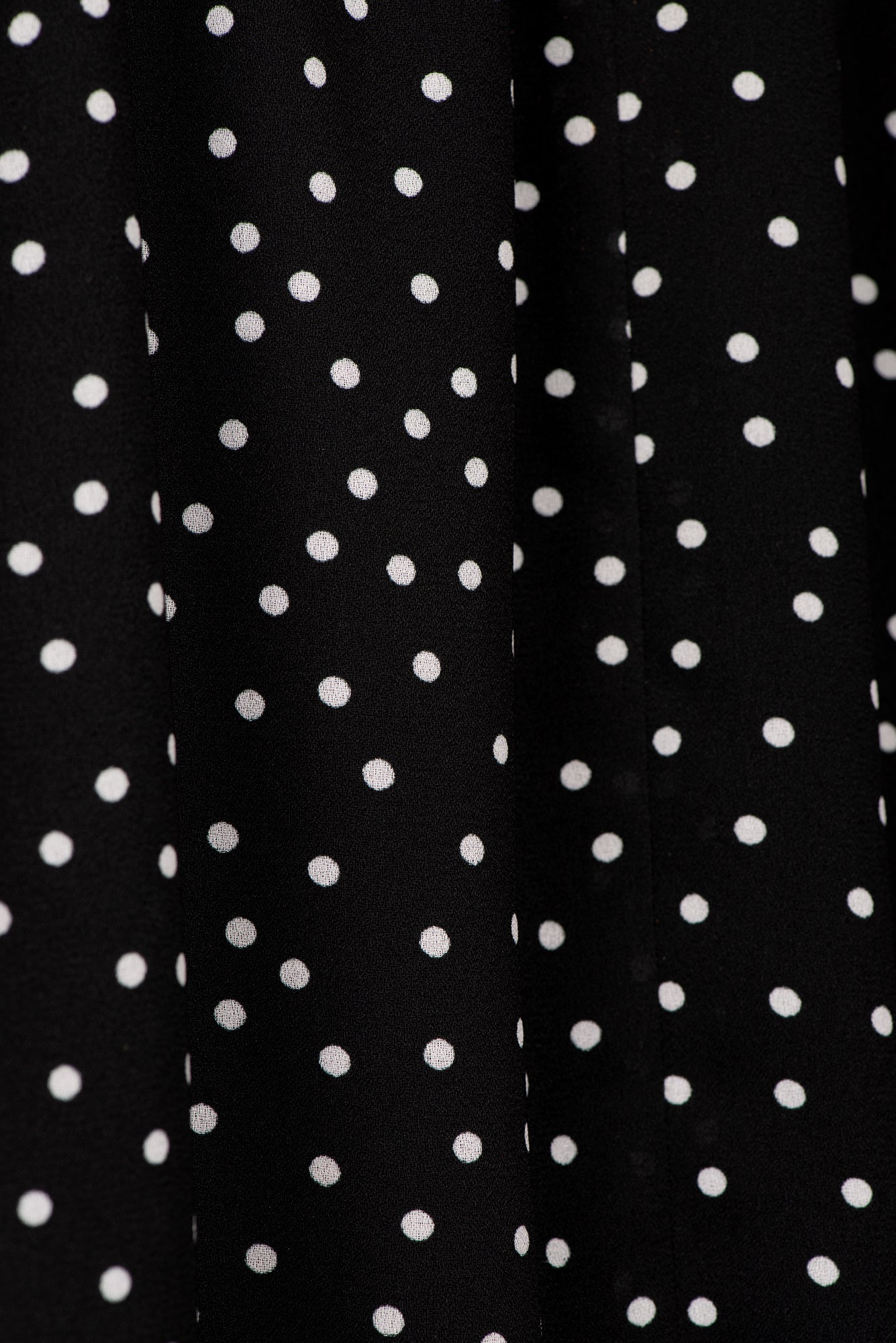 The wide-leg pants are tailored from a luxurious black fabric with white polka-dots.