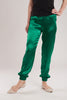 Part of a two piece emerald green silk satin suit, these pants are tailored from a soft silk satin that ensures comfort.