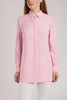 The pink shirt has a classic collar, partially concealed buttons, and buttoned cuffs. 