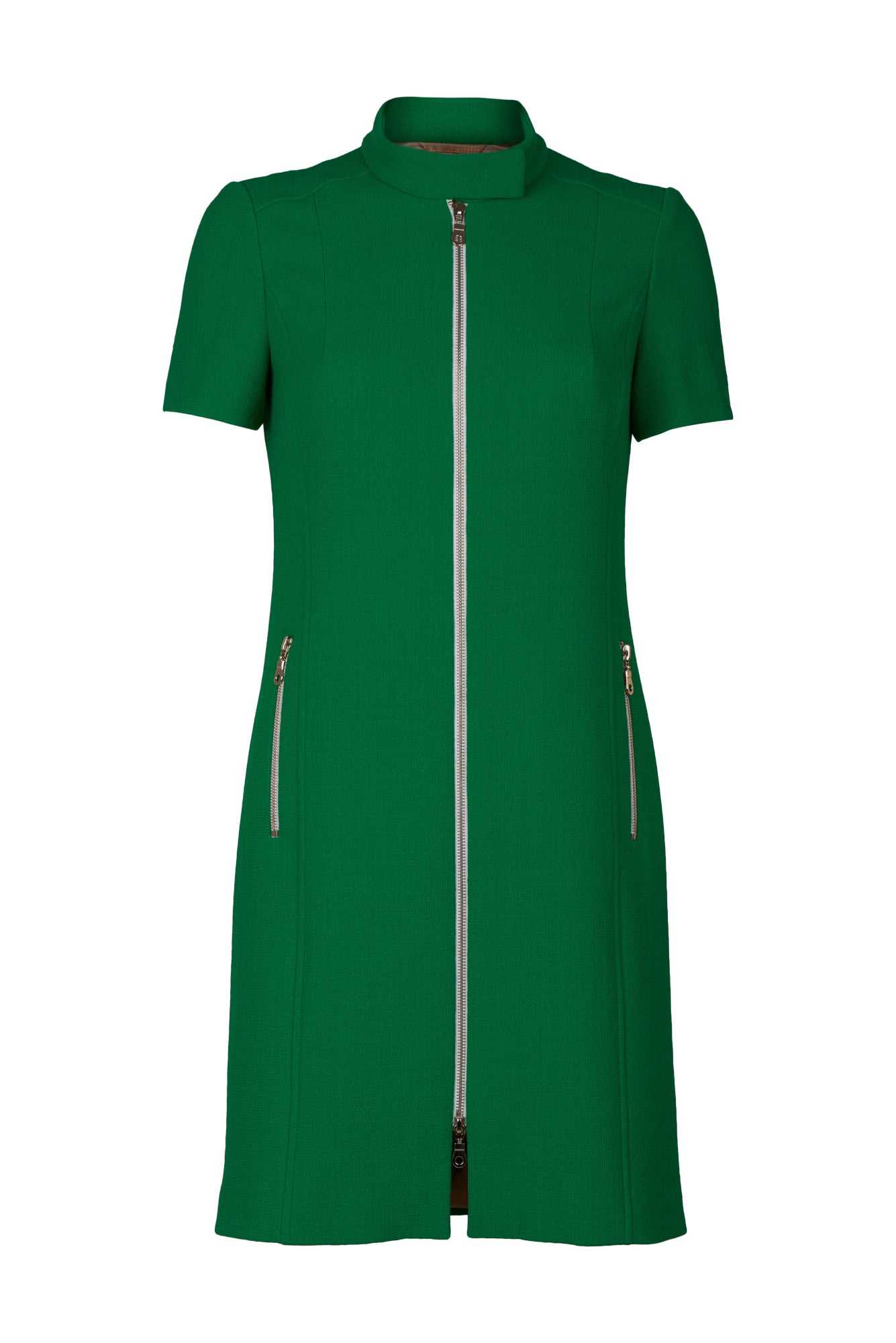 GINTA's green wool boucle coat dress has a full-length front zipper with two handy zip pockets and clean lines that beautifully highlight the figure.