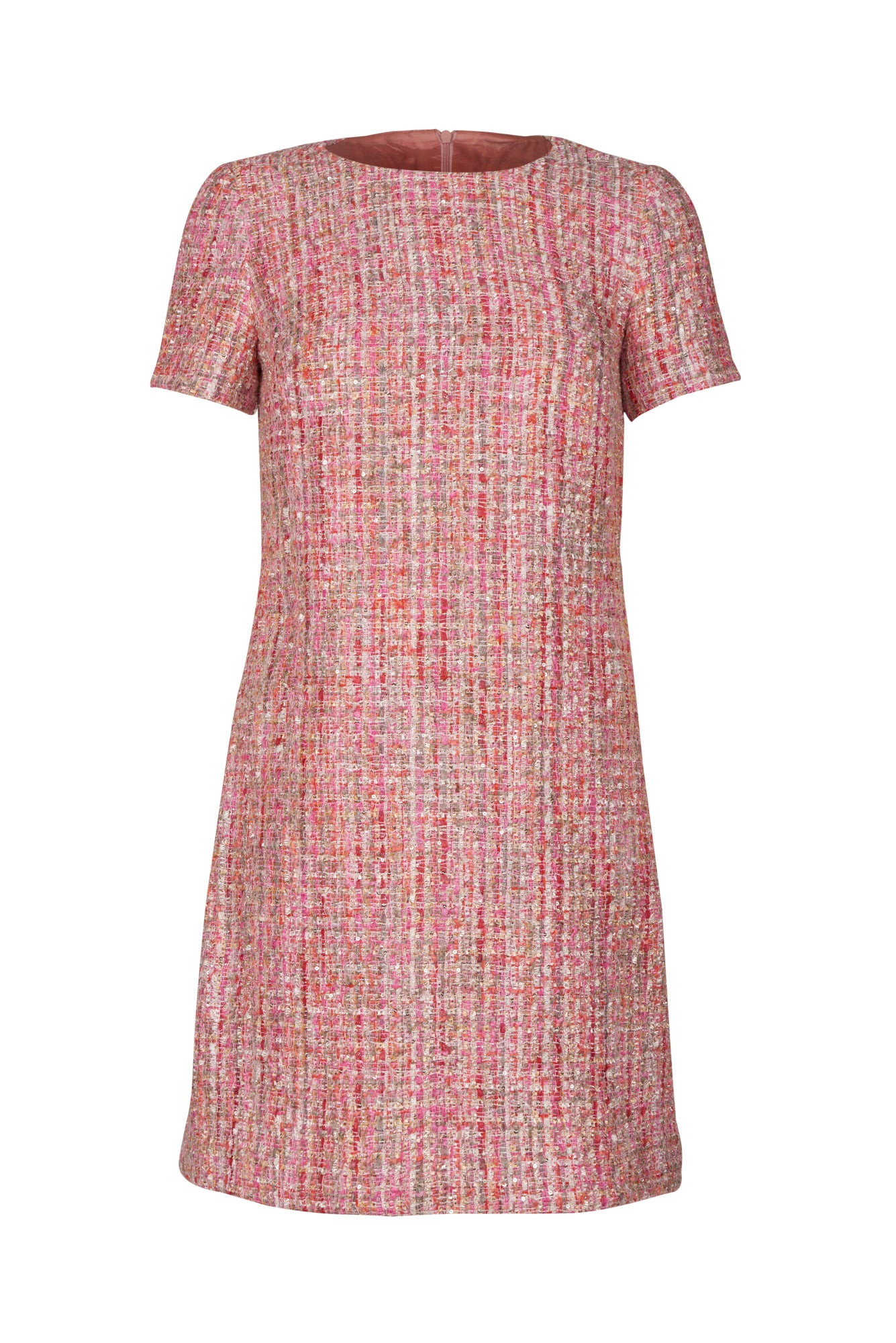 GINTA’s pink tweed dress has a rounded neckline and a figure-flattering shape.